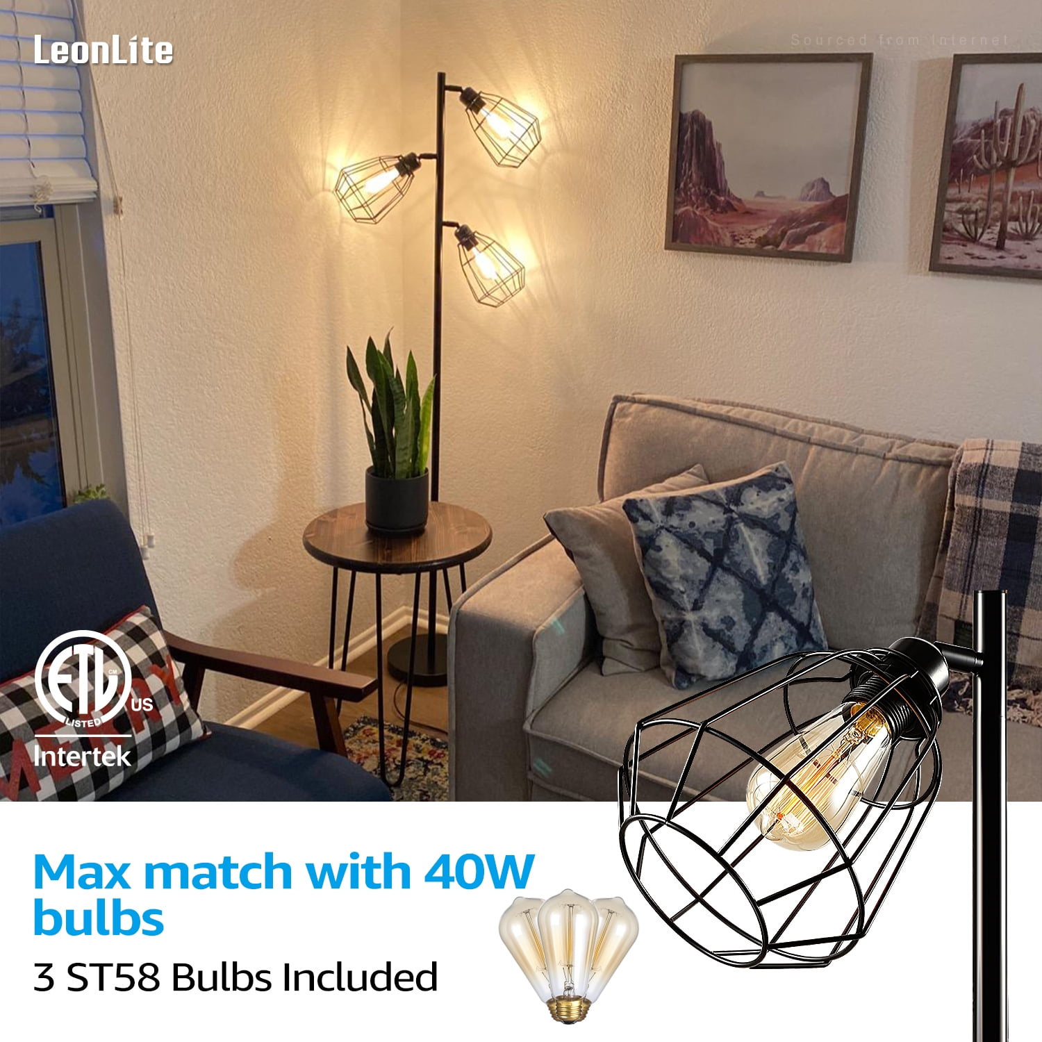 LEONLITE Industrial 3 Light Tree Floor Lamps, UL Listed Plug, Rustic