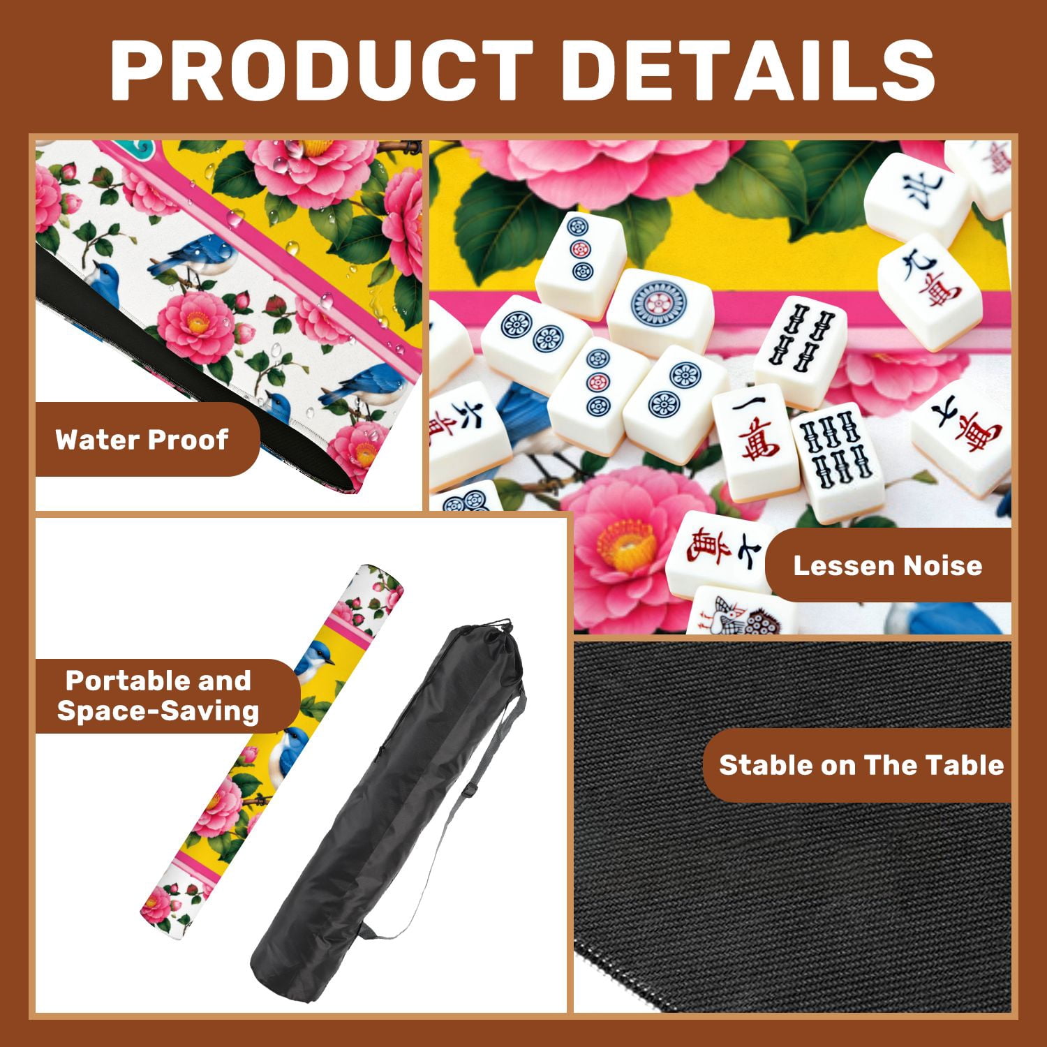 Mahjong Mat 31.5" x 31.5" Blue Birds Flowering Branch Pink Blooms Vibrant Yellow Non-Slip Noise Reduction Mahjong Tiles Table Cover for Dominoes Poker Card Board and Tile Games