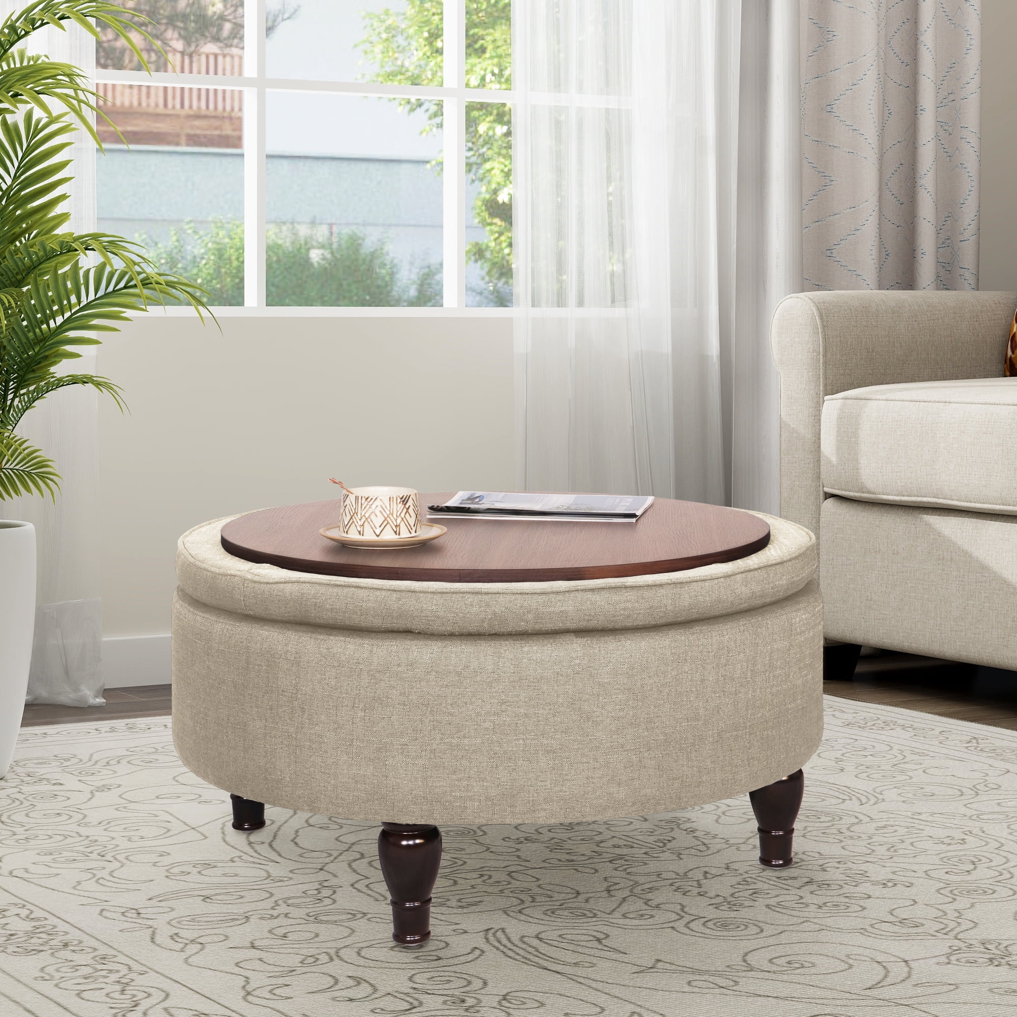 Abble 32" Beige Fabric Upholstered Buttons Tufted Round Storage Cocktail Ottoman