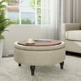 thumbnail image 3 of Abble 32" Beige Fabric Upholstered Buttons Tufted Round Storage Cocktail Ottoman, 3 of 7
