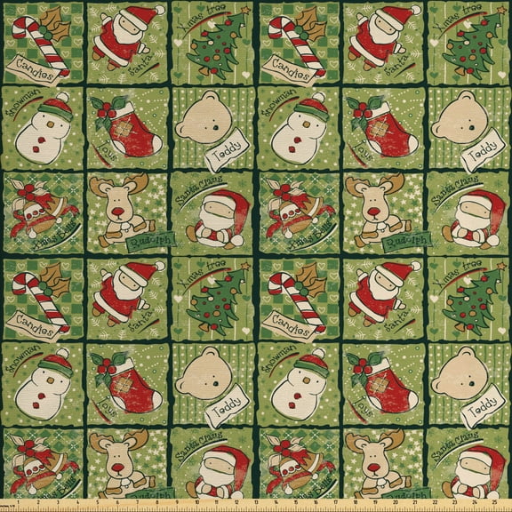 Ambesonne Christmas Fabric by the Yard Upholstery, Teddy Bears Santa, 10 Yards, Olive Green White
