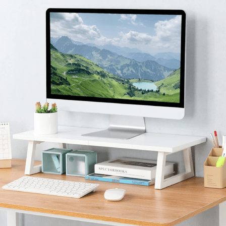 24 inch Monitor Stand Riser, White Wood & Steel Computer Monitor Stand with Storage, Laptop, PC, Printer Stand Riser for Desktop Office Desk Organizers