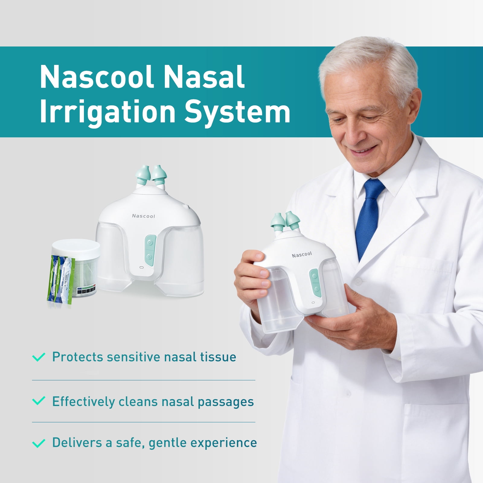 Nascool Nasal Irrigation System Electric Sinus Rinse Machine Nose Cleaner for Adult Sinus Symptoms Relief with 50 Saline Packets (White)