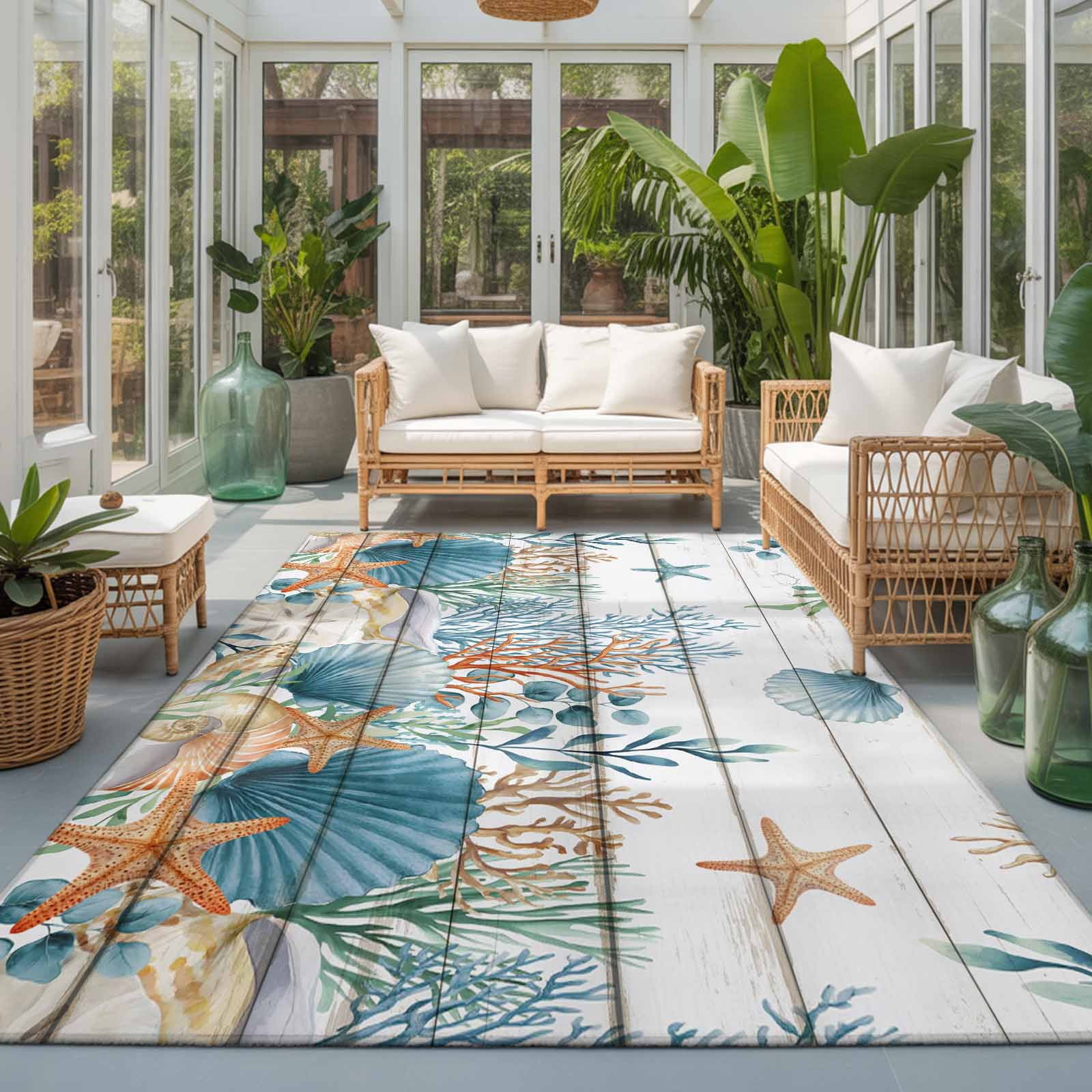 Large Area Rugs 6'x9', Teal Blue Coastal Carpet Runner Indoor Outdoor Rugs Home Decor Aesthetic, Summer Beach Starfish Shell Coral Nautical Vintage Non Slip Mats Accent Rug for Living Room Bedroom
