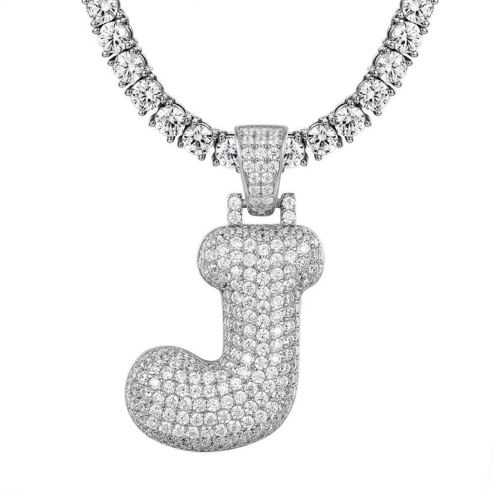 Bubble Letter J Custom Pendant 925 Silver 18"26" Tennis Chain Simulated Diamond