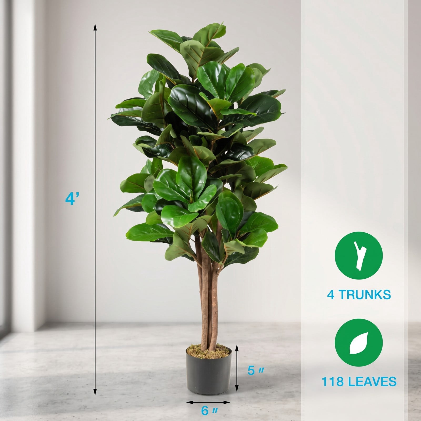 ALPULON 4 Feet Artificial Fiddle Leaf Fig Tree with Decorative Planter, 48 Inch Faux Tall Ficus Lyrata Plant with 118 Leaves for Indoor Outdoor Home Office, Green