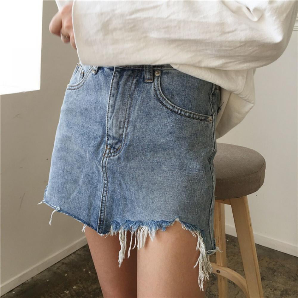 Womens Casual Mid Waisted Washed Frayed Fit Stretch Denim Jean Short Skirt with Pockets