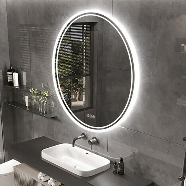 LUVODI Miroir de Salle de Bain Rond à DEL : Miroir de Meuble-Lavabo Rond Rétroéclairé à Intensité Réglable de 600 mm avec Coussinet Anti-Buée + Bouton Tactile Intelligent pour Maquillage et Rasage
