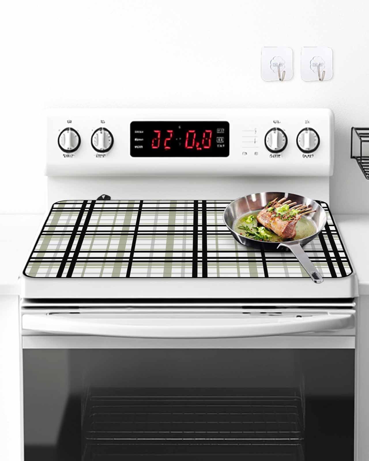 Stove Top Covers for Electric Stove, Sage Green Black Plaid Glass Stovetop Cover Protector, Farmhouse Green Black Checkered Induction Cooktop Protector Oven Mat for Kitchen Countertop 36"x21"
