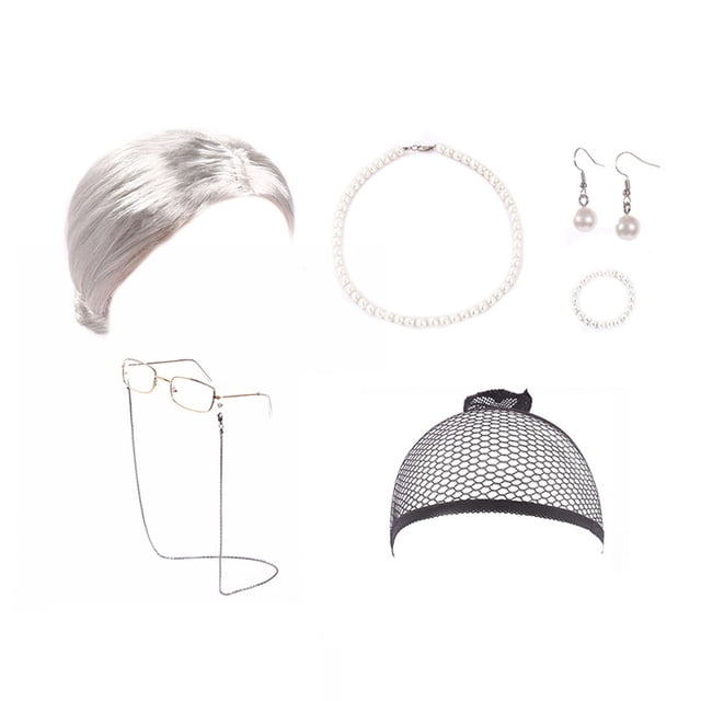 Peluca de anciana, peluca de cosplay de abuelita, disfraz de anciana para mujer, peluca de abuelita, gorro, gafas, cadena, collar de perlas, pendientes, pulsera (7 piezas)