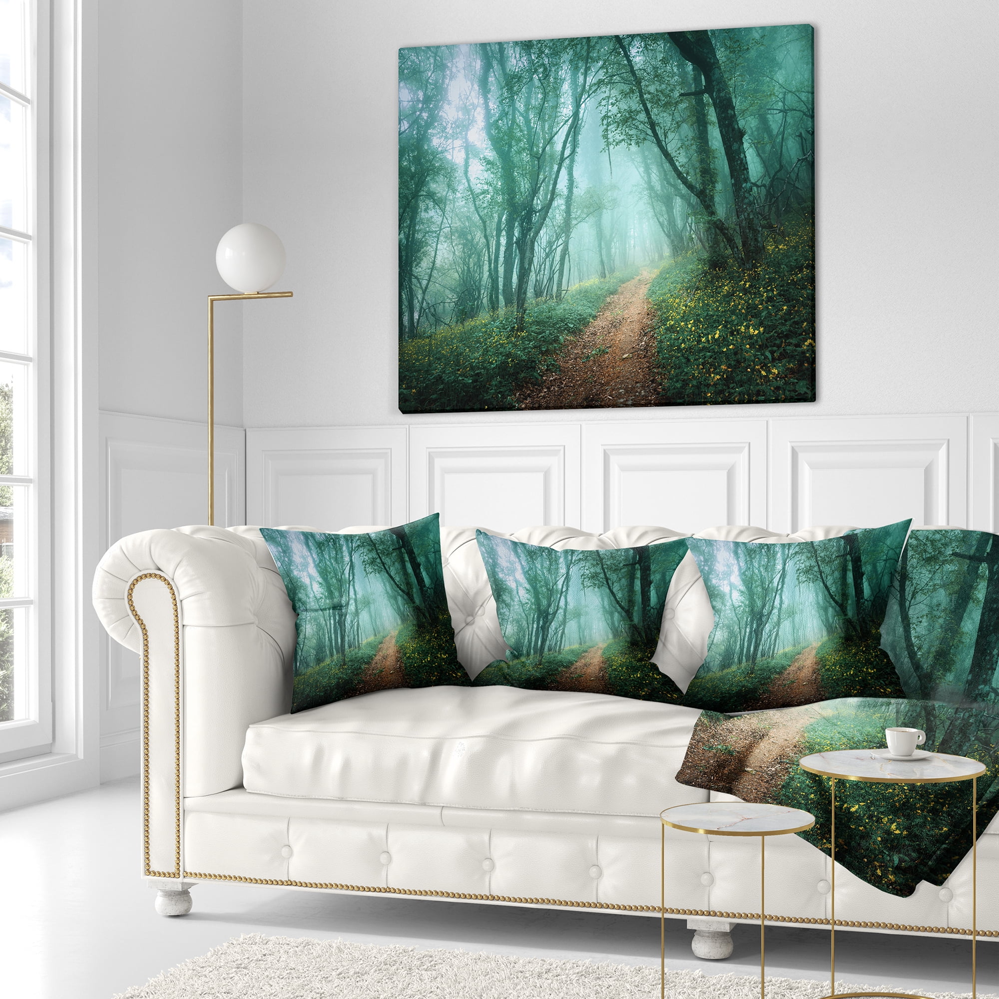 Designart Light Green Mystical Fall Forest - Landscape Photography Throw Pillow - 18x18