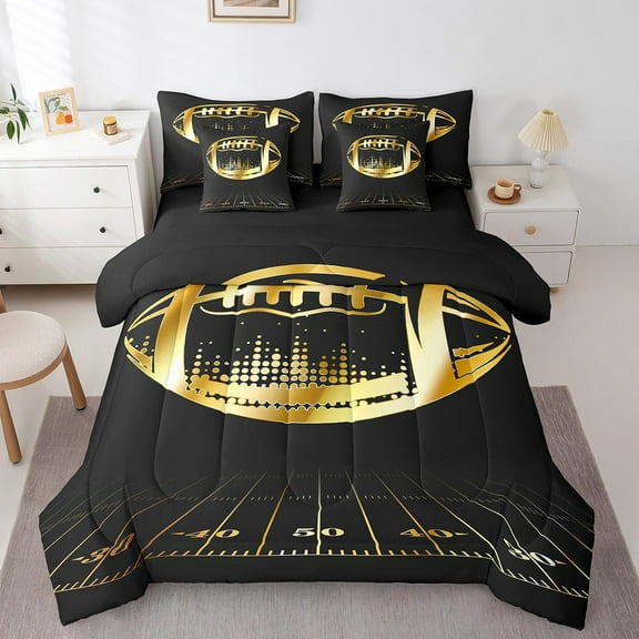 Erosebridal Soccer Print Bedding Twin Size 7pcs Sports Comforter Set, American Football Bedding Comforter Sets Black and Gold Bed in a Bag, Ball Game Bedding Accessories