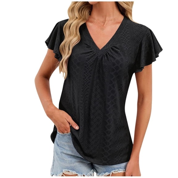 Enjoytime Womens Tops Trendy Solid Color Round Neck Ruffle 1/4 Sleeve Blouse Spring Summer Trendy Business Casual Shirts Black XL