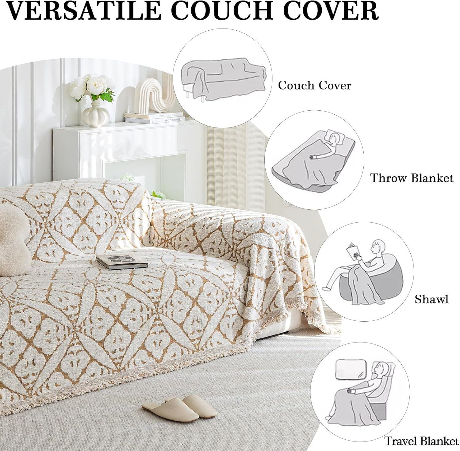 TOPCHANCES Chenille Couch Cover Sofa Slipcovers Towel Cover Couch Furniture Pet Protector Throws Blanket  (180*300cm, Khaki)