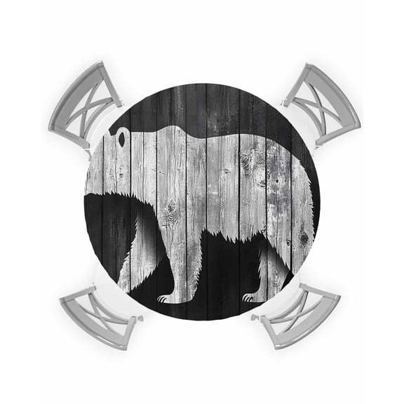 nqOlkjepod Black White Bear Round Tablecloth, Fitted Table Cover with Elastic for 55"-60" Round Tables, Farmhouse Country Retro Wood Grain Table Cloth Outdoor Dinning Party Waterproof Tablecloths