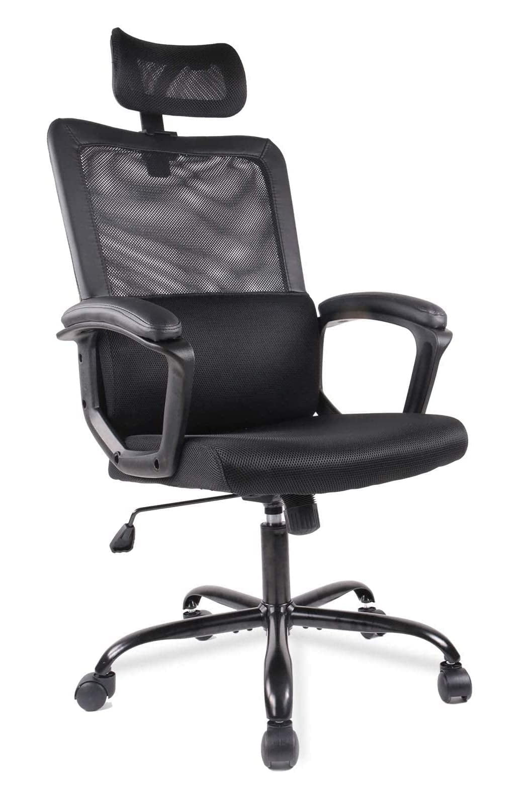 Black High-Back Swivel Mesh Chair Padded Desk Chair With Arms & Head Support，Max Capacity 286Ibs Ergonomic Office Computer Chair 