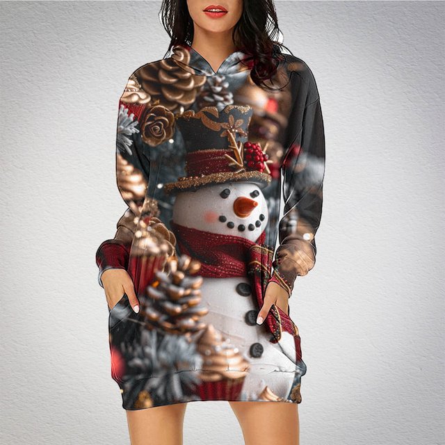 TIMIFIS Robe de Noël Moche pour Femmes, Manches Longues, Imprimé Bonhomme de Neige, Robe Chemise Décontractée Moulante avec Poche