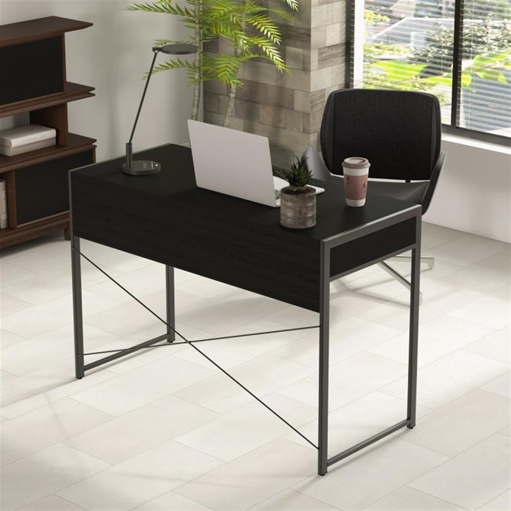 Demi Bonn 2-Drawer Home Office Desk with Steel Frame, Small Home Computer Desk Study Writing Table, Black