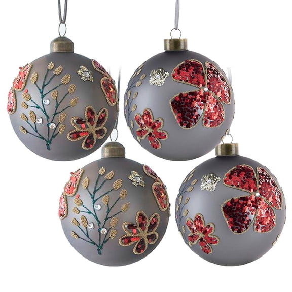 A&B Home Set of 4 Grey Glass Orb Hanging Ornaments with Glittered Botanical Art 4.7" x 4.7" x 4.7"