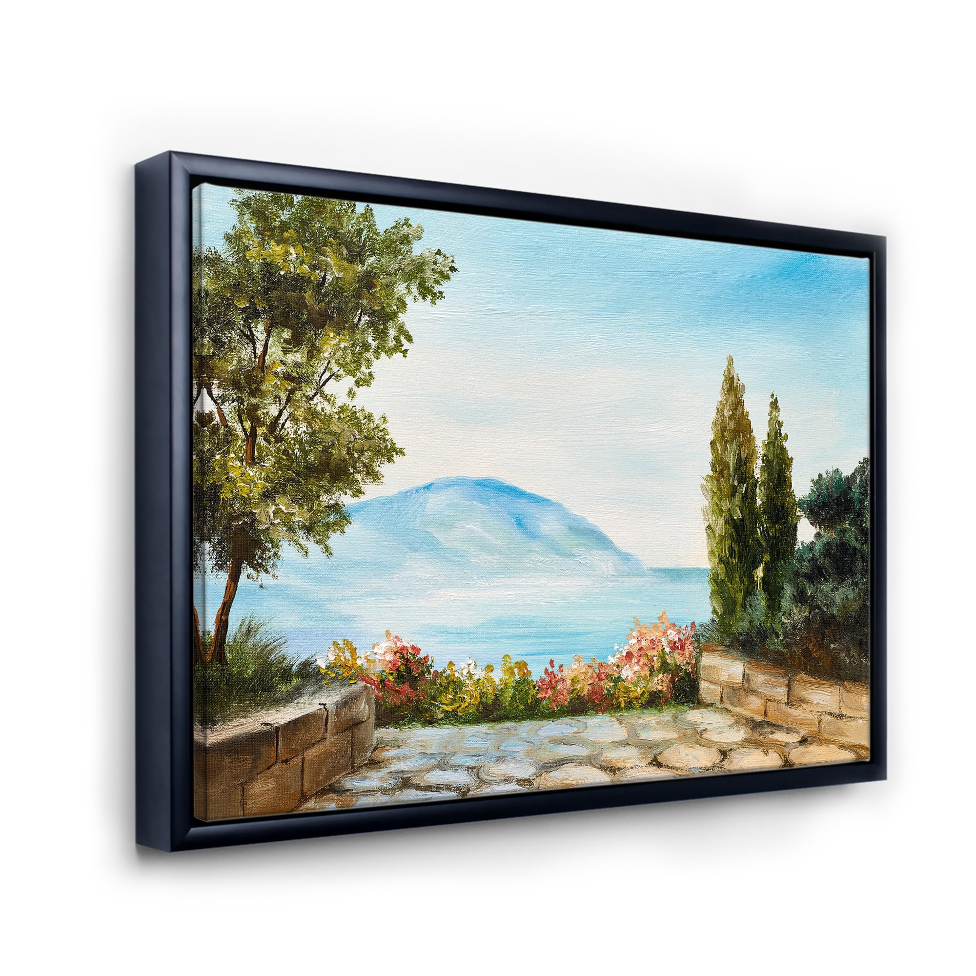 Designart 'Beautiful Mountains View By The Sea Side' Nautical & Coastal Framed Canvas Wall Art Print