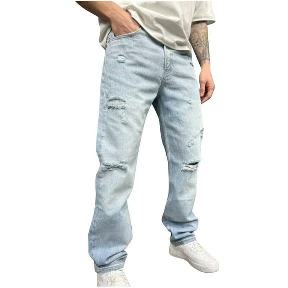 OGLCCG Mens Jeans Casual Wide Leg Distressed Denim Pants with Pockets Fashion Lightweight Spring Summer Jogger Trousers