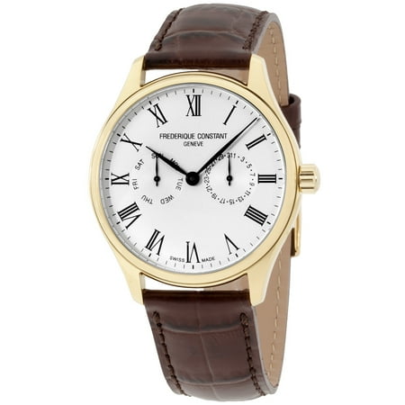 - Men's 39mm Brown Leather Band Steel Case Quartz Silver-Tone Dial Watch FC-259WR5B5