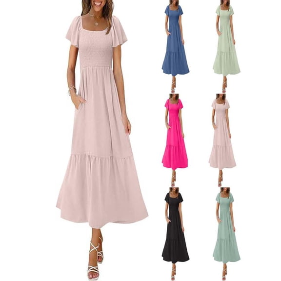 Square Neck Dress for Women's Short Sleepe Puff Sleeve Ruffle Detail Pocket Dress Hot Pink XXL