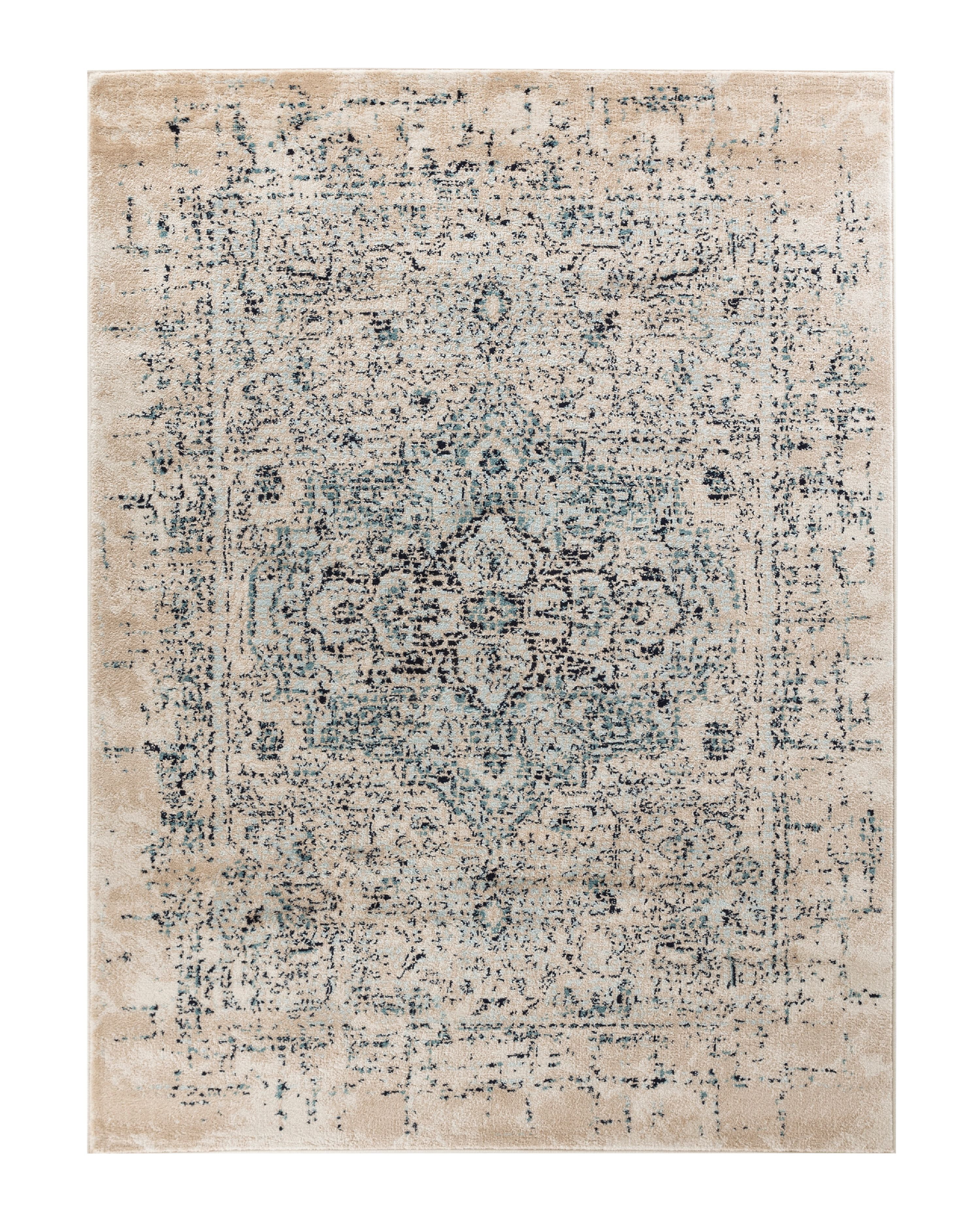 Elite Collection Rug Cream, Light Blue , Black, Washed Oriental Design