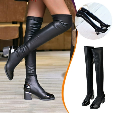 

Hinvhai 2024 Fall Winter Fashion Above the Knee Boots for Women Casual Solid Color Stretch Low Heeled Pointed Toe Soft Leather Comfort Over the Knee Boots Black 8.5(41)
