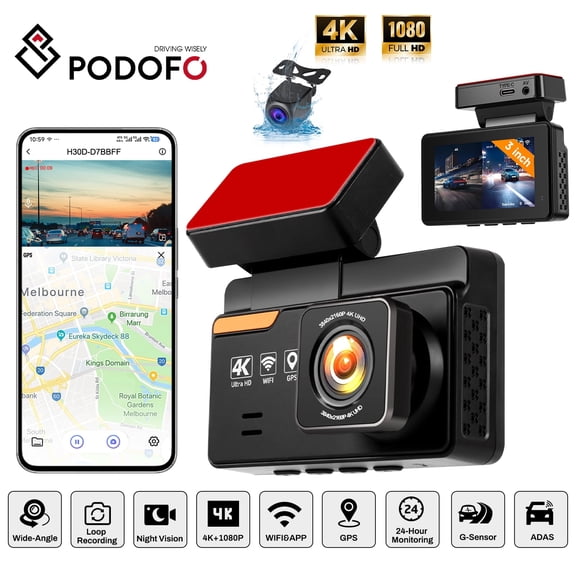 Podofo 4K Dual Dash Cam Front and Rear - 150° Wide Angle Car Camera with ADAS/BSD/LCA, Built-in GPS, WiFi, 24H Parking Monitor, G-Sensor, Seamless Loop Recording，Night Vision