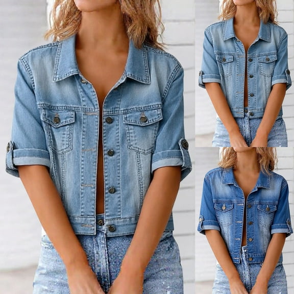 FRSASU Women Denim Jacket Solid Color Casual Short Sleeve Fashion Hoodless Jean Coat Light Blue XL(XL)