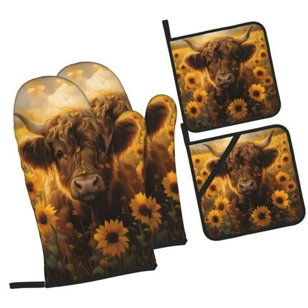 

Haiem Cute Cow Sunflower Field Print Extra Long Oven Mitts and Pot Holders 4pc Sets: Heat Resistant Silicone Oven Mittens with Mini Oven Gloves and Hot Pads Potholders