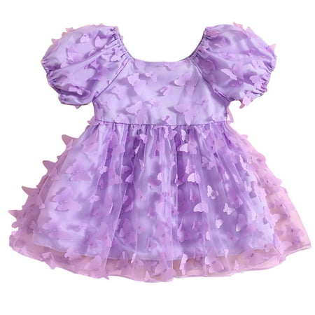 

Kids Toddler Baby Girls Summer Princess Dress Short Puff Sleeve 3D Butterfly Decor Tulle Dress