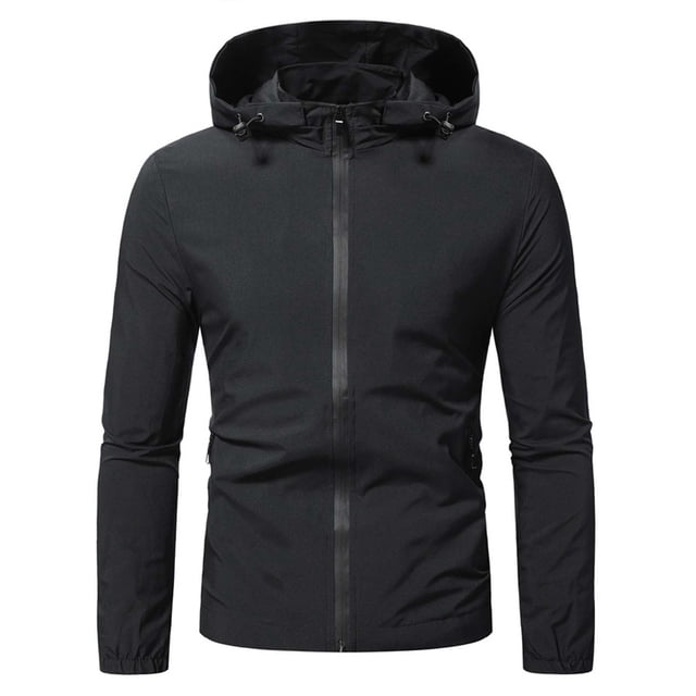 LSLJS Men's Classic Single-layer Stormjacket Hat Detachable Colored Jacket with Zipper Wind Proof and Breathable( Black, L)
