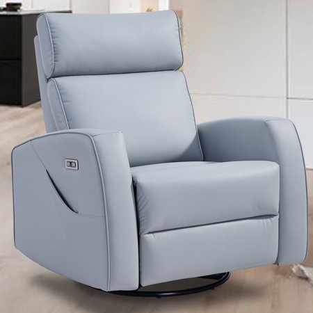Fajiani Power Recliner Swivel Rocker with Heat and Vibration Massage, Adjustable Headrest & Footrest for Nursery, Living Room and Home Theater (Faux Leather -Grey)