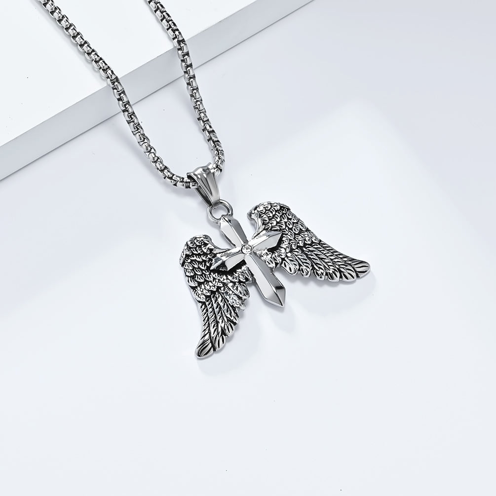 Angel Wing Cross Necklace, Vintage Cross Pendant, Christian Jewelry, Men's Gift, 23.62-inch