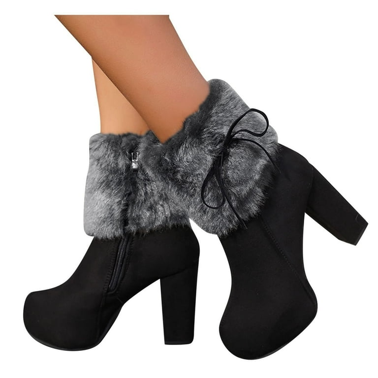 Fanxing Womens Chunky High Heel Bow- Zipper Faux Fur Ankle Fanxing Womens Chunky High Heel Bow- Zipper Faux Fur Ankle