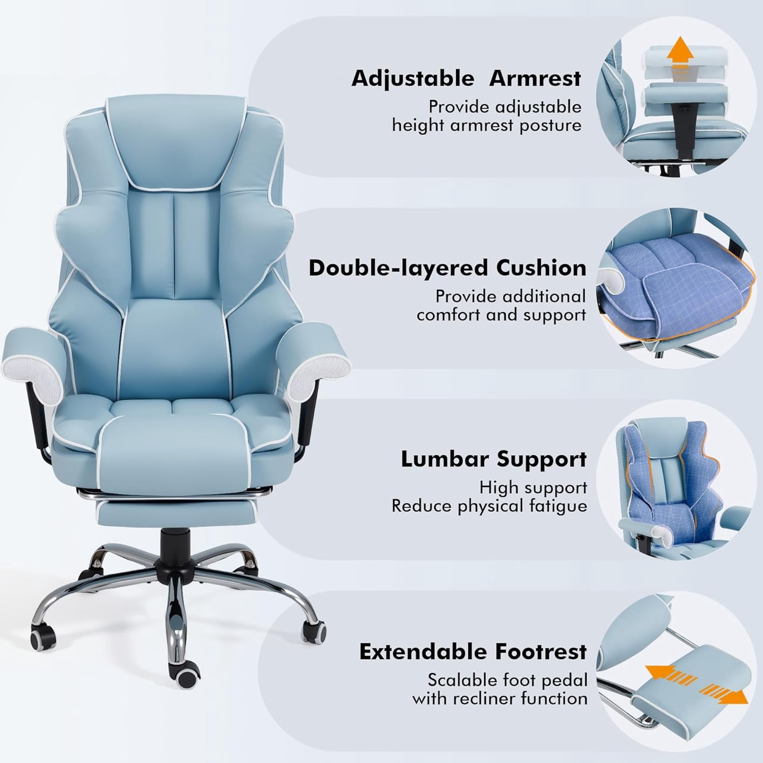 Homrest 6-Point Massage Executive Office Chair for Adults, Heated Ergonomic Home Desk Chair with Adjustable Footrest, Armrests & Backrest (Airy Blue)