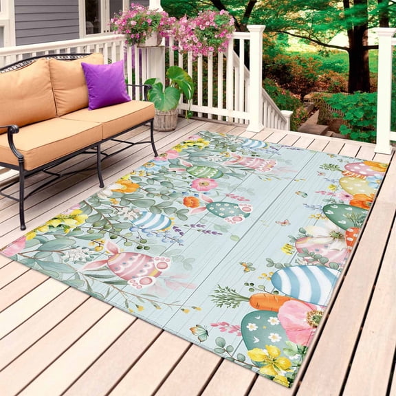 Easter Outdoor Rug 3x5 Ft, Non Slip Washable Area Rug, Spring Eggs Eucalyptus Branch Floral Wooden Patio Rugs Carpet Runner, Large Floor Mat for Indoor/Outdoor Deck Porch Camping