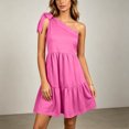 thumbnail image 4 of Aimik Women's One Shoulder Tie Strap Mini Dress Summer Solid Flowy Ruffle Hem Skirt Dress Lightweight Beach Vacation Dress, 4 of 6