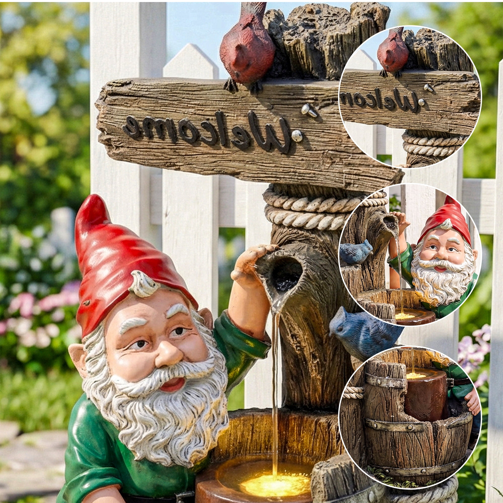 VBAL 27"H Outdoor Freestanding Water Fountain with Gnome Statues, Cascading Resin Waterfall Fountain with Warm LED Light and Pump, Home Art Decor for Garden, Patio, Yard, Balcony, Deck, Lawn, Gray