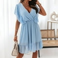 thumbnail image 2 of Knee Length Evening Dress Flutter Sleeve Wrap Dress for Women Elastic Waist V Neck Sundress Solid Color Ruffle Hem Flowy Dresses Knee Length, 2 of 4