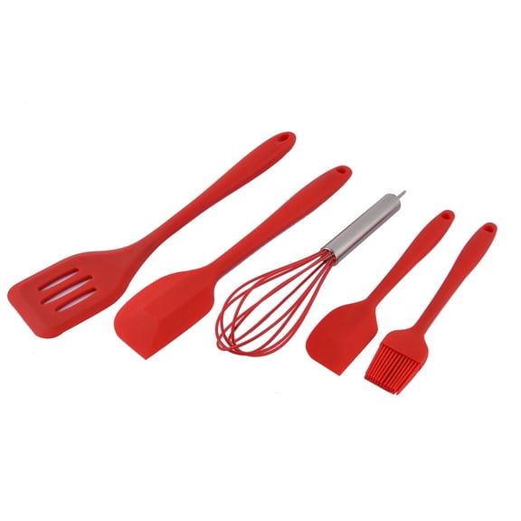 Home Kitchen Silicone Heat Resistant Spatula Brush Egg Whisk Baking Tool Utensil Set Red 5 in 1