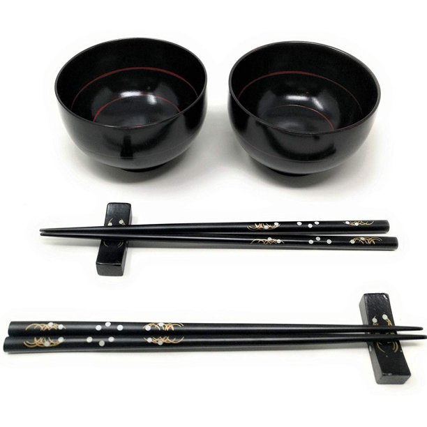 TJ Global Japanese Asian Cuisine Bowl Set with 2 Bowls, 2 Pairs of Chopsticks, and 2 Chopstick