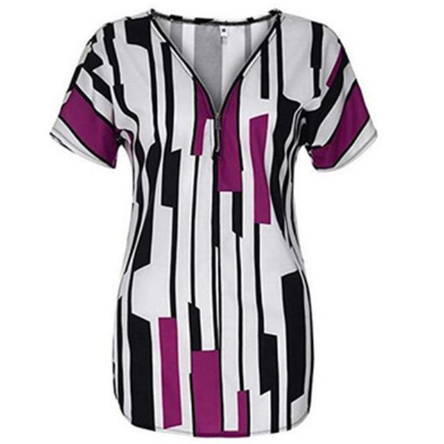 Sonducket Camiseta de mujer con cuello en V y rayas en la parte de manga corta con cremallera blusa delgada Prendas para la parte del cuerpo Púrpura XL