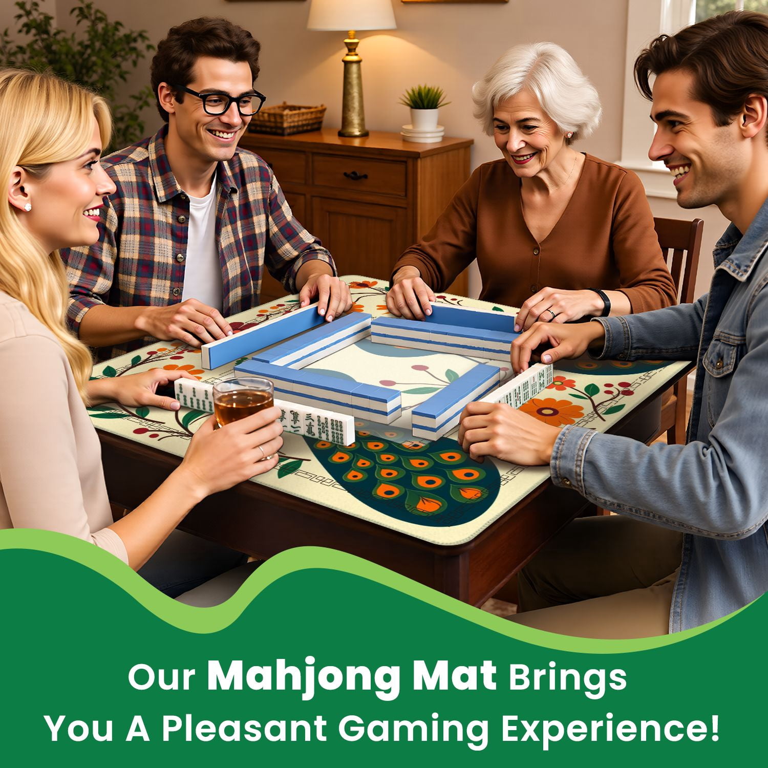 Mahjong Mat 31.5" x 31.5" Symmetrical Peacock Vibrant Orange Flowers Green Foliage Folk Art Non-Slip Noise Reduction American Mahjong Tiles Table Cover for Dominoes Poker Card Board Games Gift