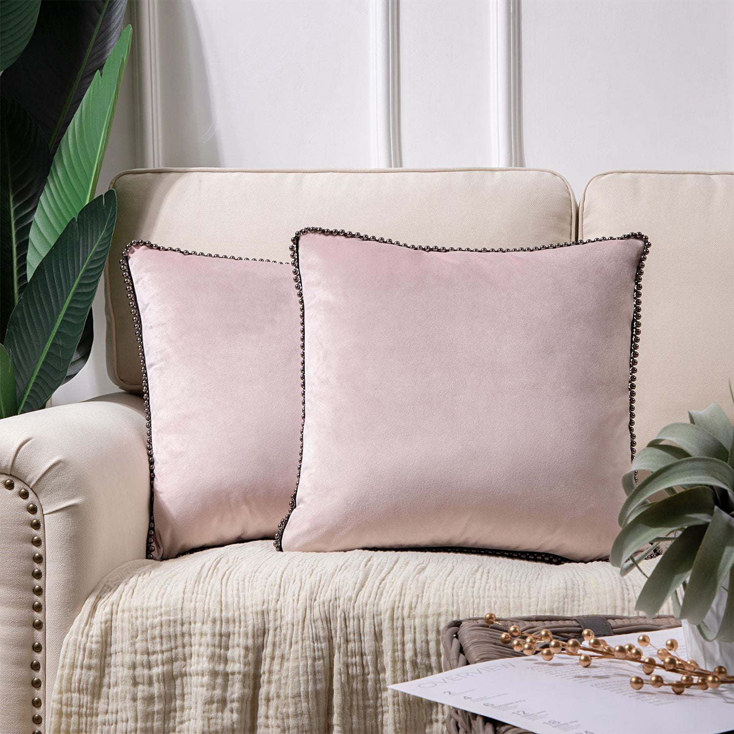 Phantoscope Velvet Decorative Throw Pillows with Inserts, Particle Trim, 18 x 18 in, Light Pink, 2 Pack