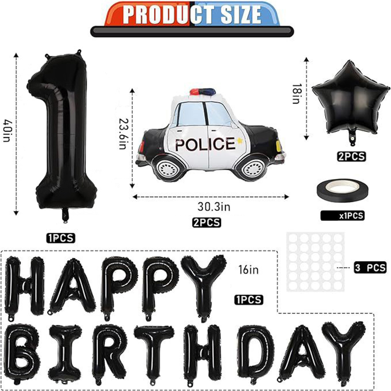 Police Themed Party Decorations Set, Happy birthday balloon , Police Car Foil Balloons, 40inch Number 2 Balloon For Kids Boys Police Themed Party Decoration