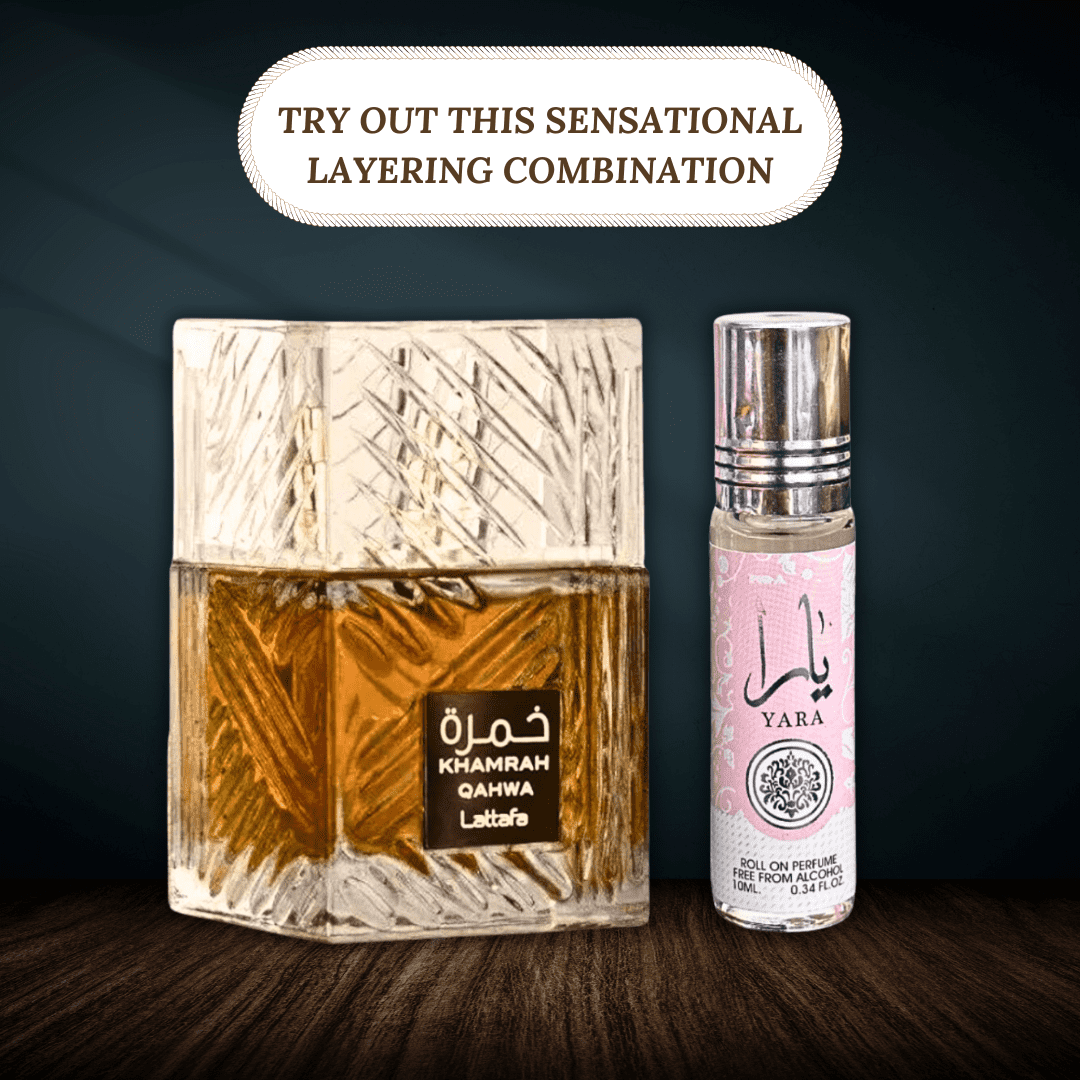 Khamrah Qahwa EDP 100ML by Lattafa & Yara Roll-On Perfume Oil CPO 10ML by Ard Al Zaafaran. (BUNDLE)