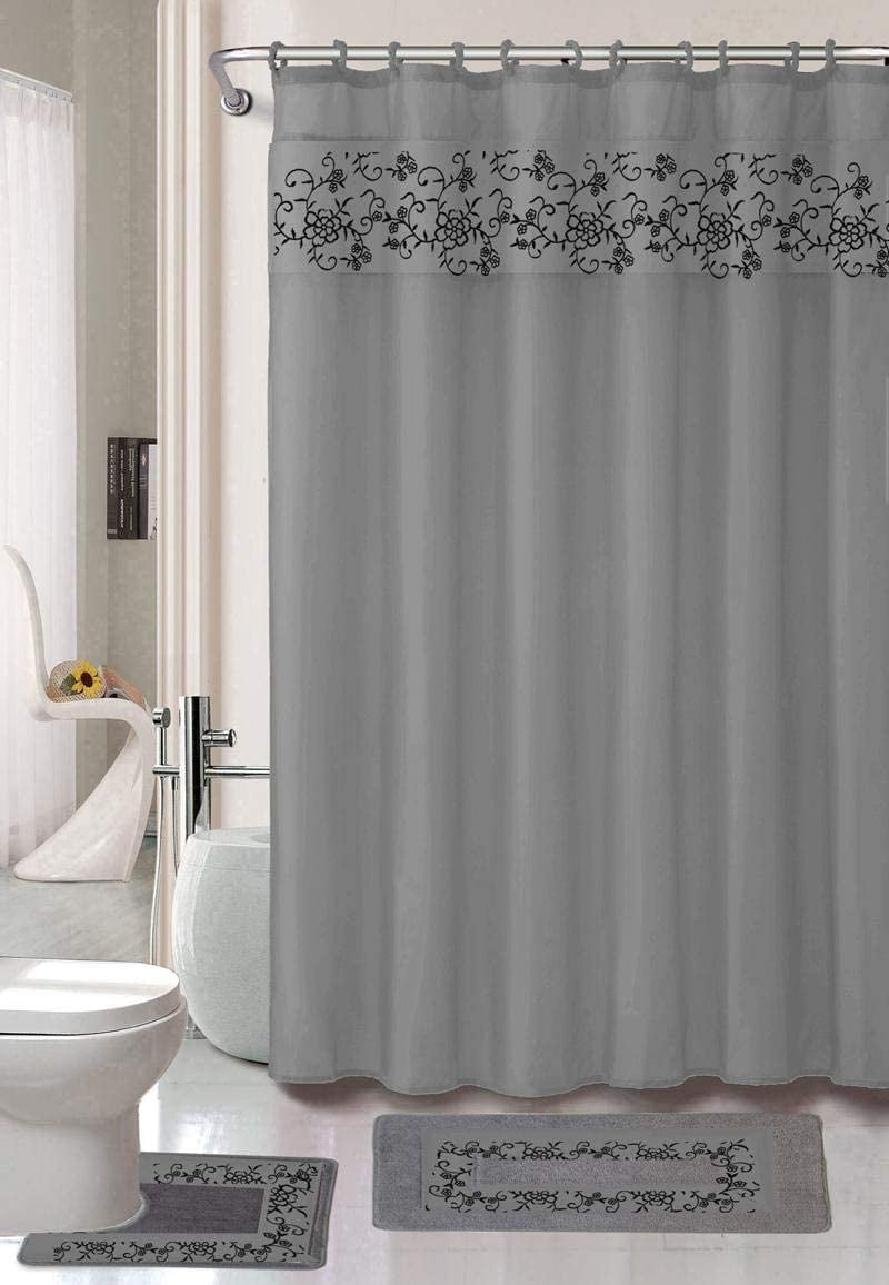 18 Pieces Shower Curtain with Matching Fabric Hook, Embroidery Bath Mat,Contour Rug and Towel